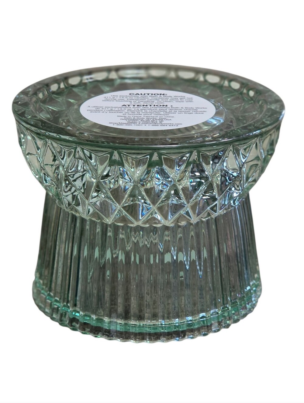 Bath & Body Works Green Faceted Glass 3 Wick Candle Holder